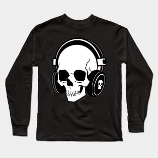 Skull With Headphones, Black and White | Listening Music Long Sleeve T-Shirt